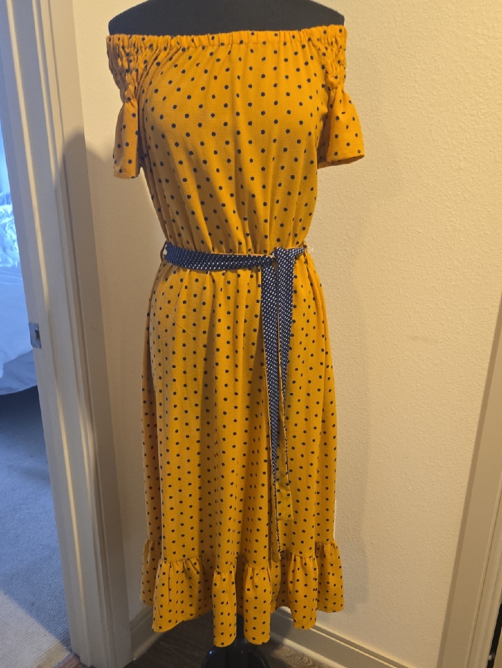 Wrapper Mustard Yellow Polka Dot Off-Shoulder Midi Dress with Belt